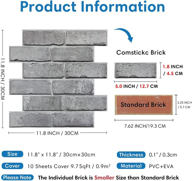 COMSTICKC 3D Gray Brick Wall Panel, Peel and Stick Brick Tiles, 10 Pcs of 12"X12", Small Size Thin PVC Faux Brick Self Adhesive Brick Wall Covering Fake Brick Paneling Background - Image 4